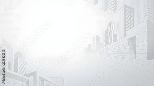 A clean and minimalist light grey and white background featuring abstract corporate building silhouettes, architectural lines, and urban grid perspective, ideal for real estate and business presentati