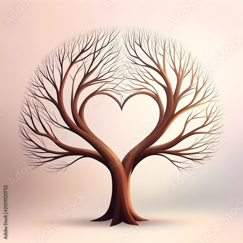 A stylized tree with intertwined trunks forming a heart-shaped negative space, evoking love, unity, growth and family bonds that suggests romance, healing and natural connection
