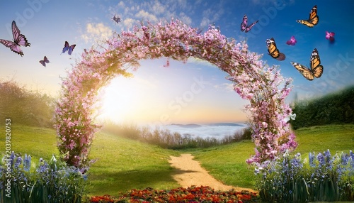 whimsical spring archway with flowers and butterflies in dreamy landscape