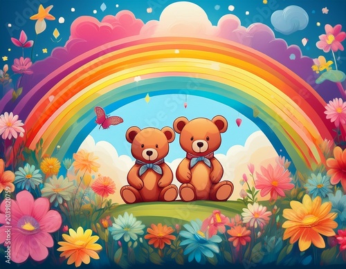 whimsical teddy bears under a floral rainbow in dreamy landscape