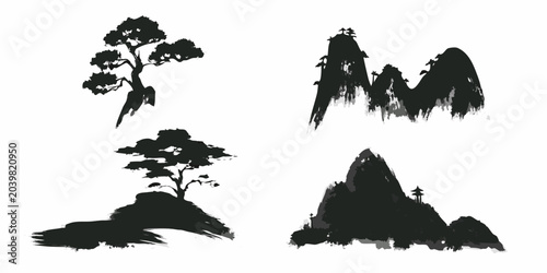 Tableau sur toile Mountain And Tree Silhouettes Ink Wash Style Landscape Set