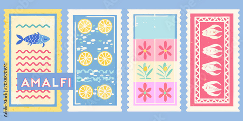 Schilderij op canvas travel stamps with coastal motifs vector illustration