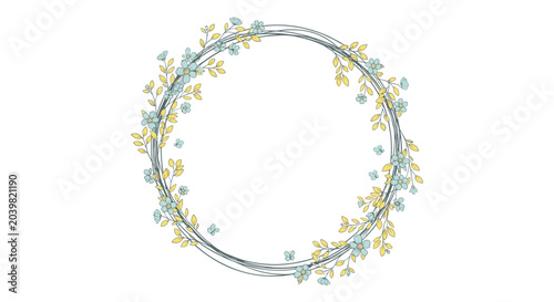 Delicate floral wreath consisting of thin grey branches with small blue flowers and yellow leaves in a circular frame on a white background.