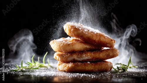Four freshly cooked, golden brown rounds are dusted with white powder in dramatic lighting