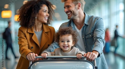 Happy Parents Pushing a Stroller with Smiling Toddler at an Airport Terminal During Family Vacation