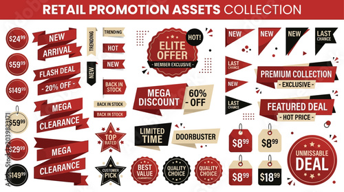 Eye-catching collection of promotional retail sale tags, discount ribbons, and special offer badges for modern marketing design, ideal for advertising campaigns