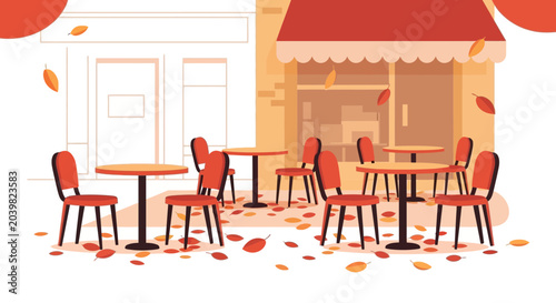 Obraz na plátně Cozy Outdoor Cafe Seating with Falling Autumn Leaves