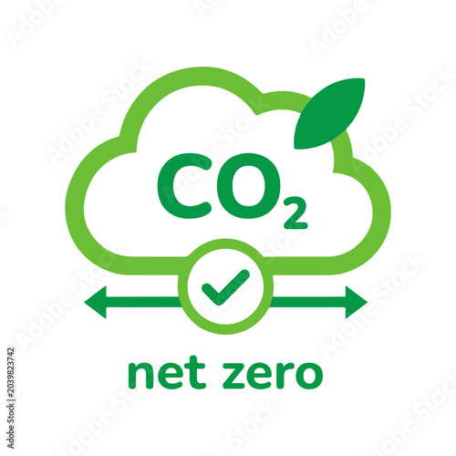Net zero CO2 cloud icon with check mark and green leaf
