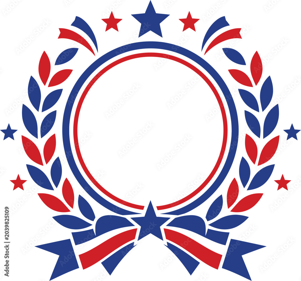Obraz premium Patriotic wreath frame with red and blue leaves and stars for american memorial and independence day graphic design project asset.
