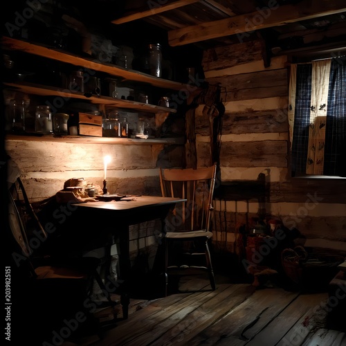 Cozy dimly lit log cabin interior with vintage desk and lantern at night