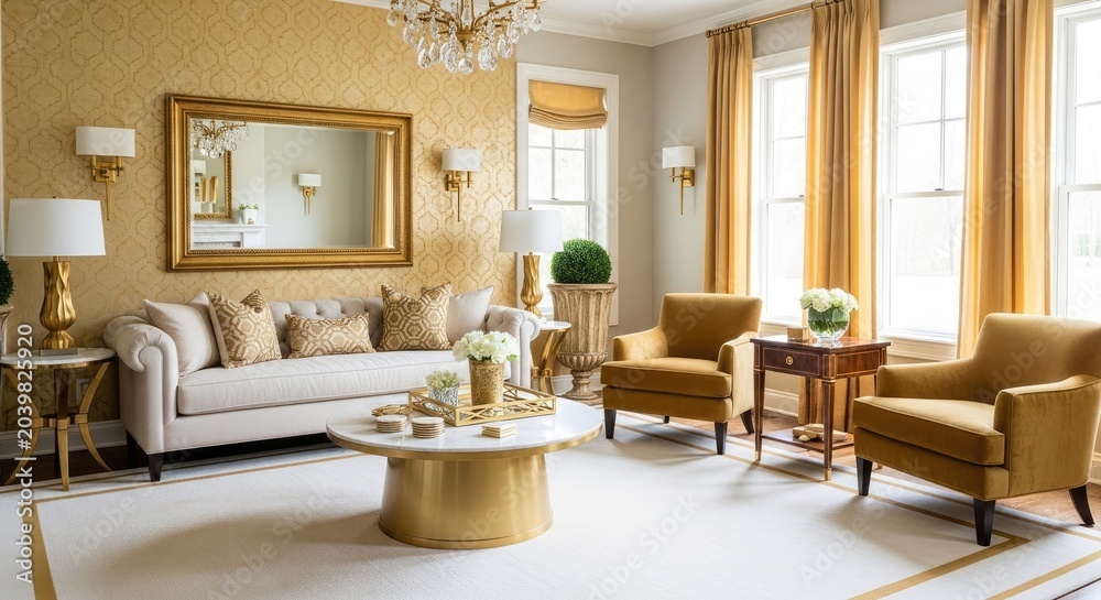 Fototapeta premium Modern luxury living room with gold accents and cream furniture.