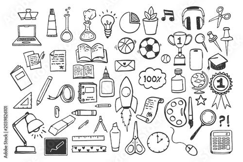 Comprehensive hand drawn doodle set of back to school elements. Big creative stationery collection featuring pencils, books, and study tools isolated on a plain background for designs.
