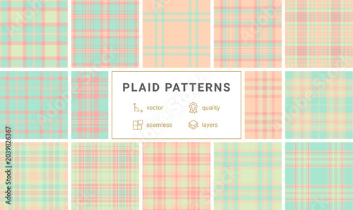 Seamless pastel plaid pattern in mint green and soft coral tones. This versatile tartan background is perfect for spring fashion, digital design, and cozy textile applications.