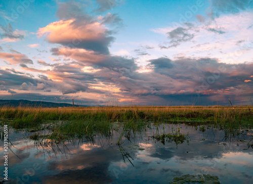 Evening light illuminates wetland grasses and sky, casting colorful reflections on calm marsh water