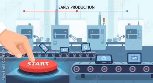 Hand pressing START button on factory assembly line with modern machinery and products