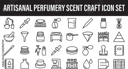 Artisanal perfumery and scent craft icon set featuring laboratory equipment and fragrance production tools in vector format