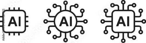 Artificial intelligence AI processor chip black line icon set. AI Processor circuit symbol logo. Mini AI CPU icon collection. powered AI chip silhouette icon vector set. AI chip icon. 