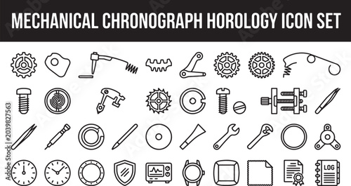 Mechanical watch repair and horology icon set featuring clockwork gears tools and precision instrument components vector illustration