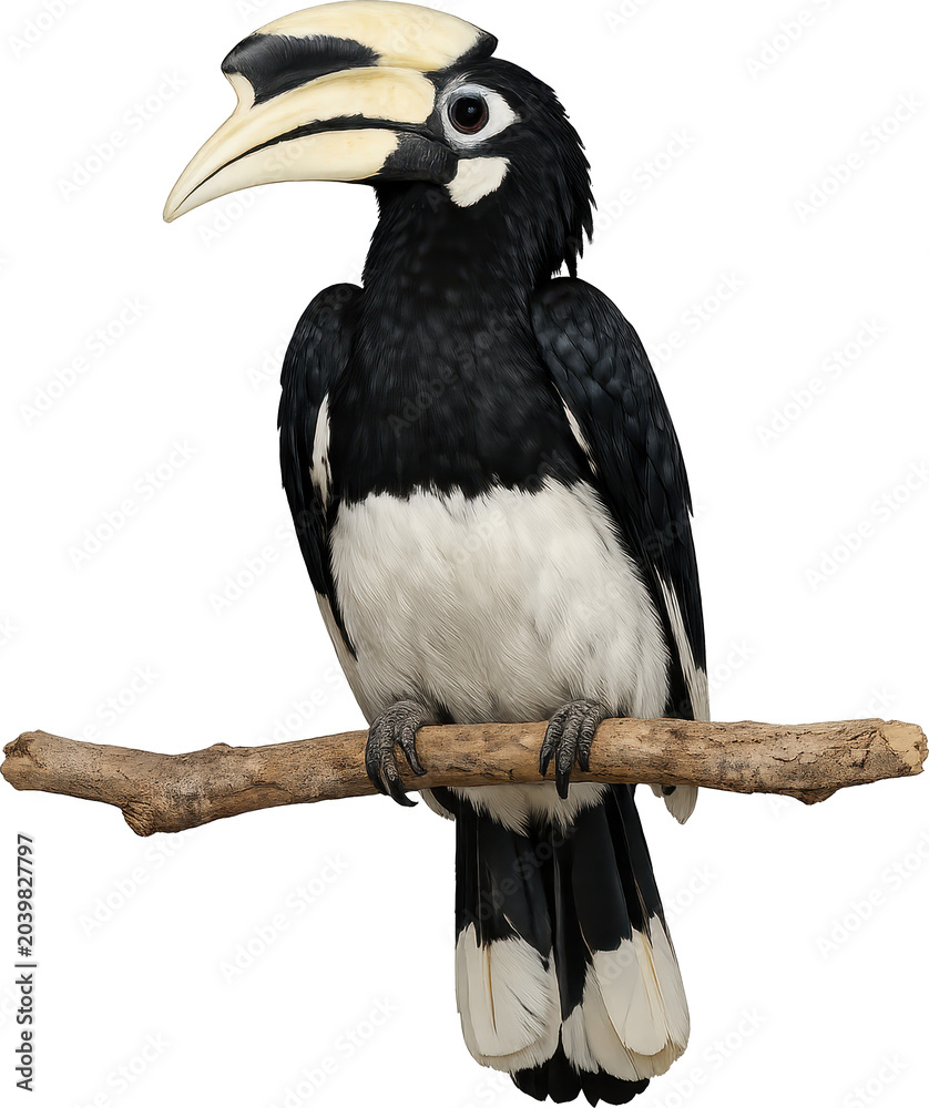Obraz premium Oriental Pied Hornbill Bird Perched on Branch on Transparent Background