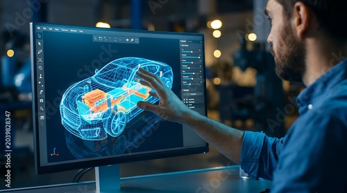 Engineer analyzing 3d car model on computer screen with holographic interface and blueprints in automotive design studio.