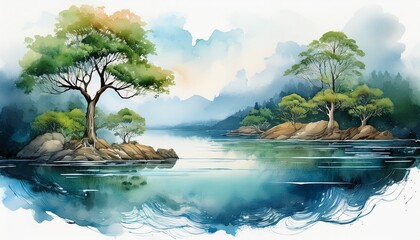 earth day watercolor art nature wallpaper background image to save the lake and tree ecology and world water day ai