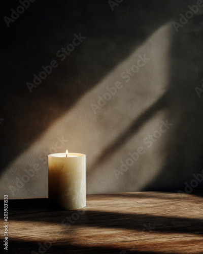 Minimal Candle Still Life with Warm Sunlight Shadows