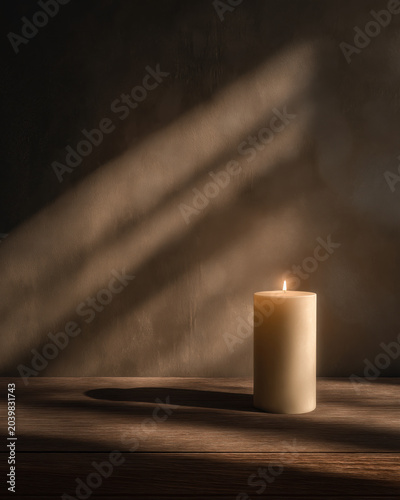 Minimal Candle Still Life with Warm Sunlight Shadows