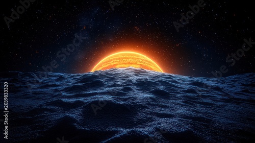 A bright sun rises lighting up a textured alien landscape