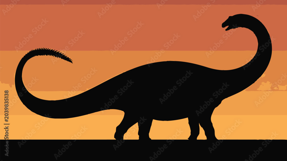 Fototapeta premium Brachiosaurus dinosaur silhouette at sunset, prehistoric sauropod vector illustration, long neck dinosaur profile against orange desert horizon