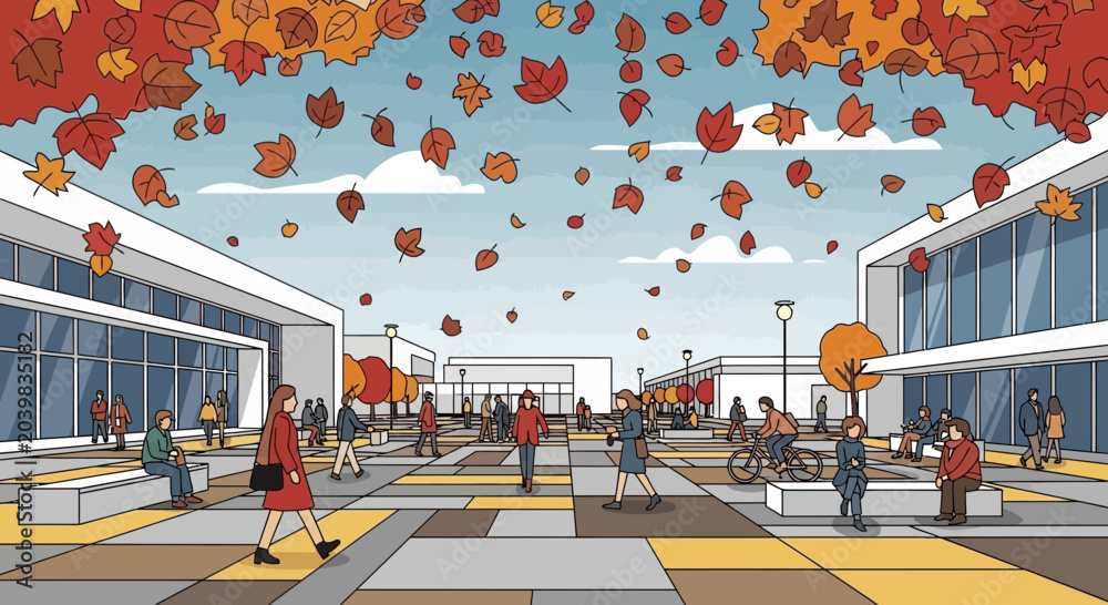 Obraz premium Autumn scene in modern city square with falling leaves and people