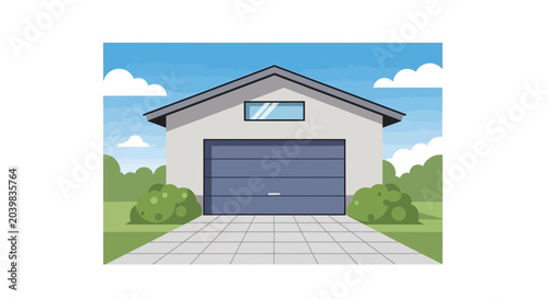 Obraz na plátně Modern Garage Door with Driveway and Greenery