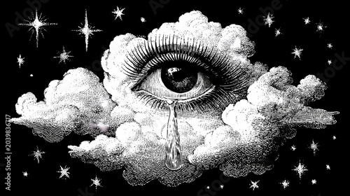 Dramatic Vintage Illustration of a Crying Eye in Starry Night Sky with Clouds