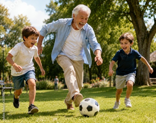 Elderly Person Playing Soccer with Grandchildren