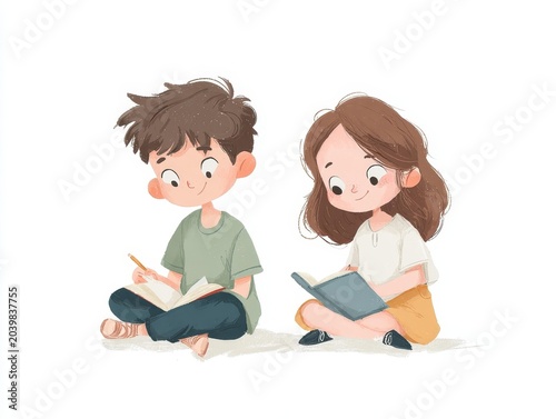 two smiling children are sitting together reading a book on a bright day