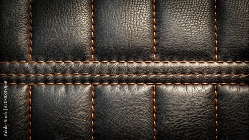 Black horizontal stitched leather background with intricate seam detail