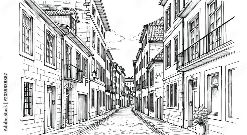 Obraz premium Hand Drawn Old European Street Vector Illustration Sketch