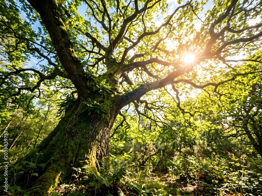 Fototapeta premium Ancient oak tree canopy sunlight forest woodland scene