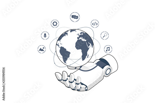 Flat vector illustration of a robotic hand presenting a digital globe surrounded by multimedia and technology icons. Concept of AI automation, global communication, and smart digital solutions.