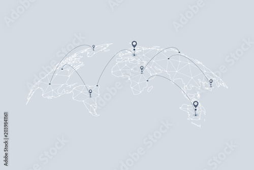 Flat vector illustration of a world map with a geometric plexus network and dark location pin markers. Concept of global logistics, tracking service, and international communication network.