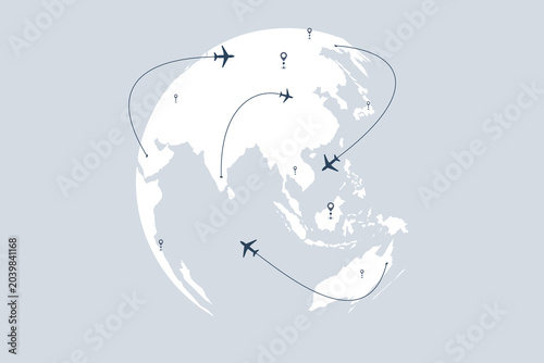 Flat vector illustration of a world map globe with airplane icons and flight route lines. Concept of international cargo shipping, global aviation logistics, and travel network.