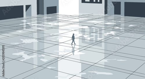 Foto Lone figure walks across flooded city square reflecting buildings, desolation co