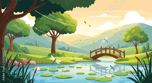 Canvas Print Serene Summer Landscape: Pond, Bridge, Dragonflies, Lush Greenery, Hills, Sunset