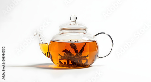 Clear glass teapot filled with brewing black tea and loose tea leaves isolated on a white background.