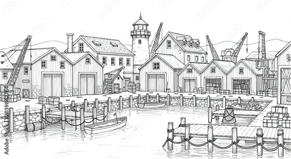 Obraz premium Fishery Harbor Port Lighthouse Vector Illustration Line Art
