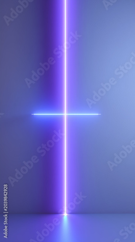 A vertical neon light strip and a horizontal neon light strip intersect in a dimly lit room, illuminated by their own glow