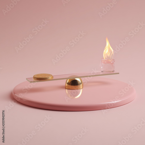 A balance scale with a lit candle on one side and a gold coin on the other, a concept representing the trade-off between different values