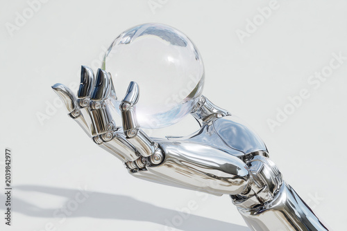 A robotic hand holding a glass sphere, symbol of future technology and innovation