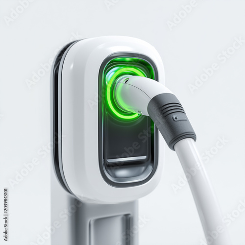 Electric vehicle charging station with a green glowing indicator light, modern design