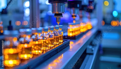 Close up of automated liquid filling into medical vials.