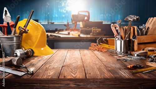 unique celebration theme of empty worktable with variety of tools